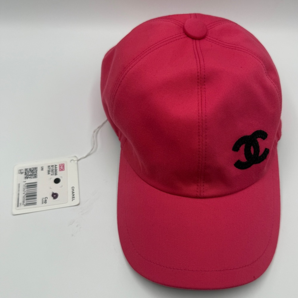 NEW Chanel 24C Fuschia Pink Black CC Embroidered Logo Cotton Baseball Cap Hat